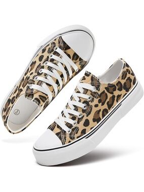 Women's Leopard Print Low White Upper Sneakers Slip On Top Canvas Tennis Shoes